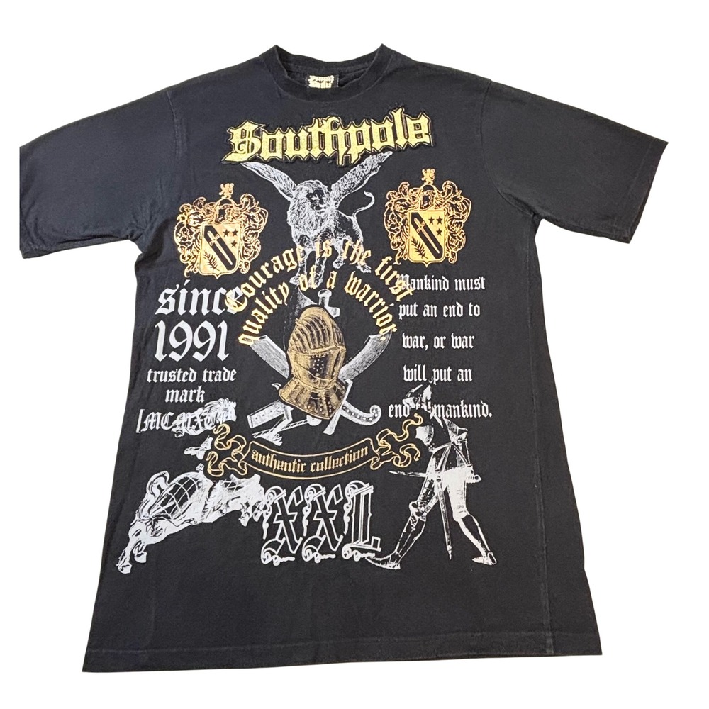 Vtg Y2k Southpole T-Shirt men's xxl black Medieval Knight Gold Foil Streetwear - Picture 2 of 6